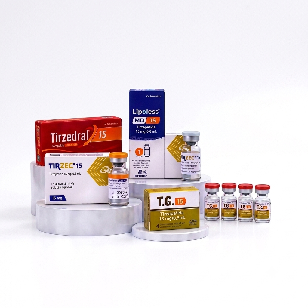 Caixas e frascos-ampola de tirzepatida 15 mg das linhas TIRZEC, T.G. e Lipoless