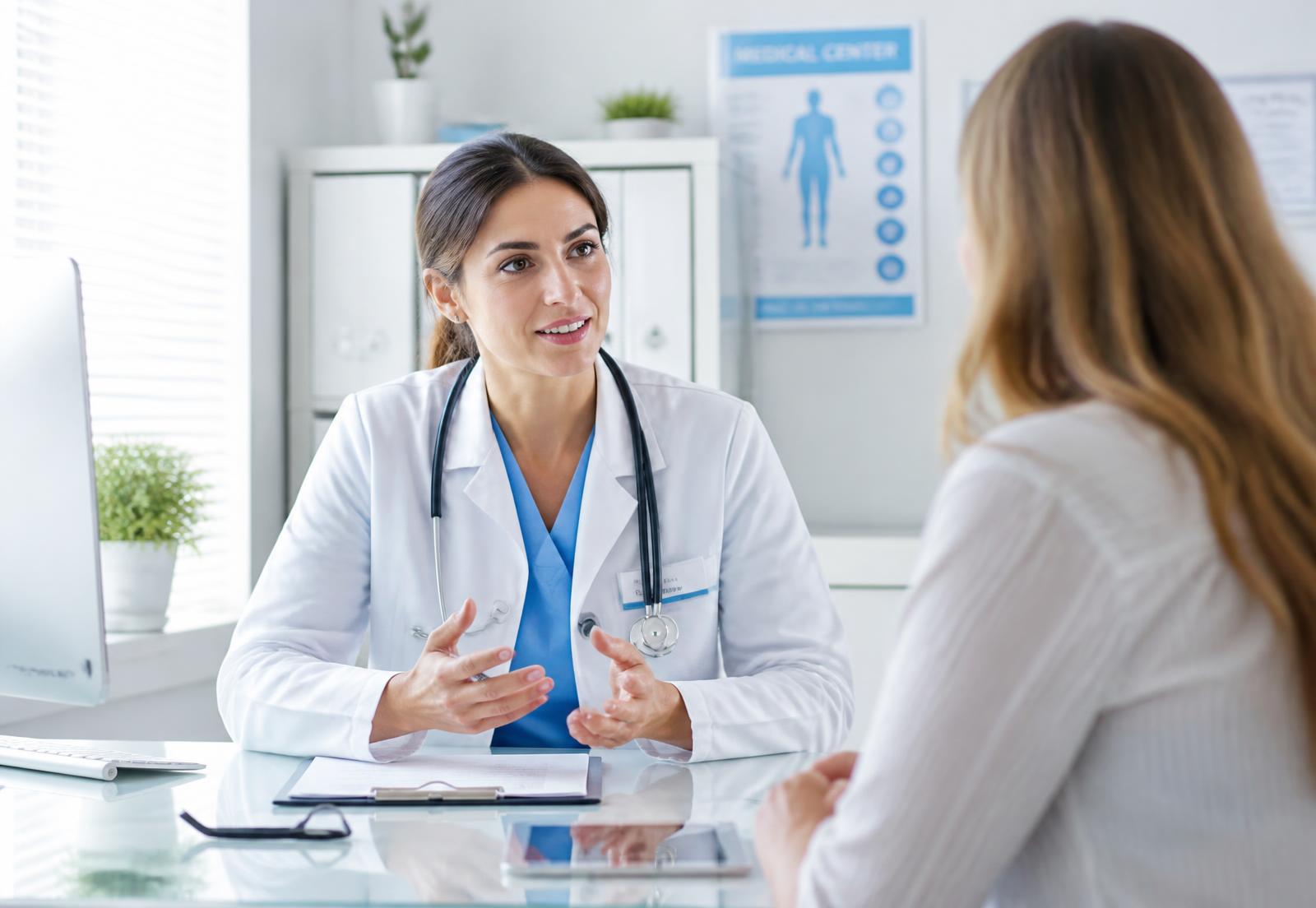 Profissional de saúde em consulta com paciente em consultório claro